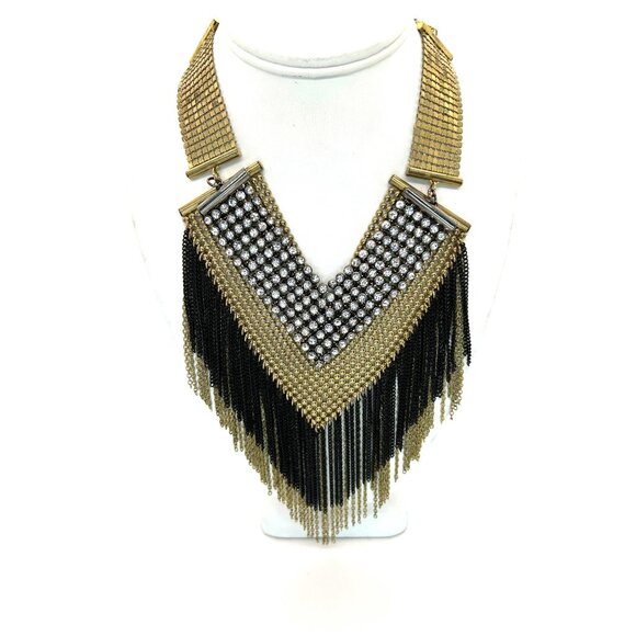 Gold-tone Rhinestone Chainmail Bib Necklace Fringed Chain Statement Boho Chic - Picture 3 of 14